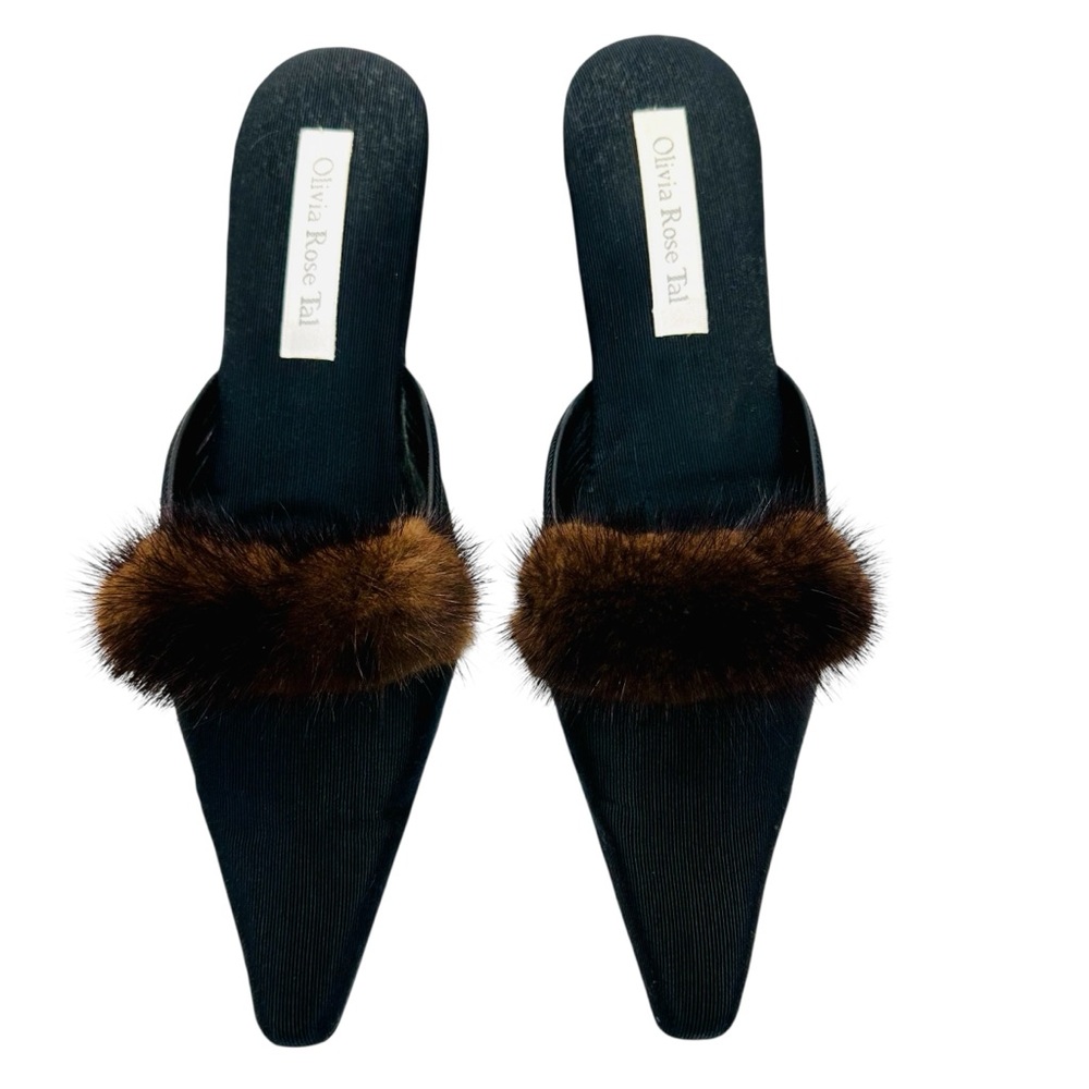Olivia Rose Tal Black Wedge Mules with Brown Fur sz 9 Vintage - Picture 2 of 11